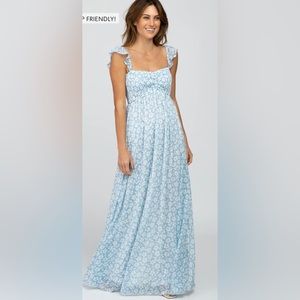 Light Blue Floral Chiffon Sweetheart Neck Off Shoulder Maternity Maxi Dress